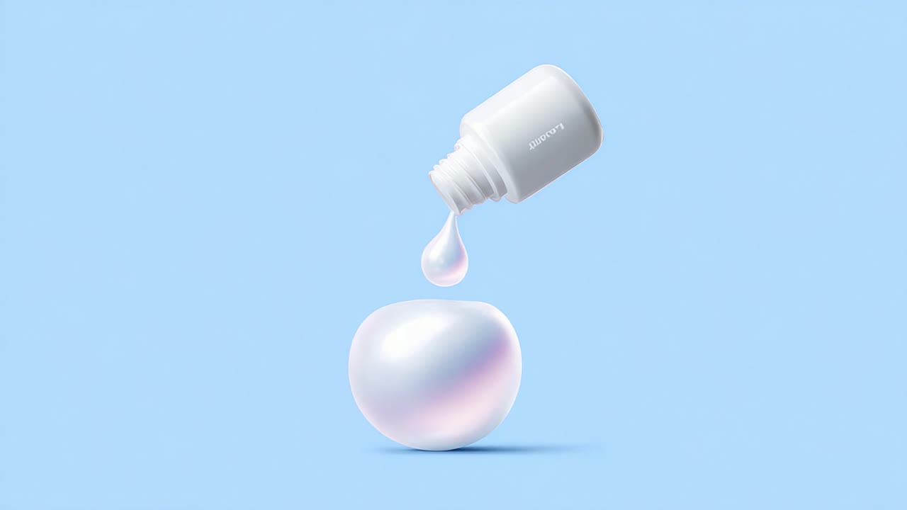 Captivating Visual of a Beauty Serum Bottle Over A Glossy Orb, Illustrating the Essence of Skincare in an Aesthetic and Minimalistic Presentation on a Soft Blue Background