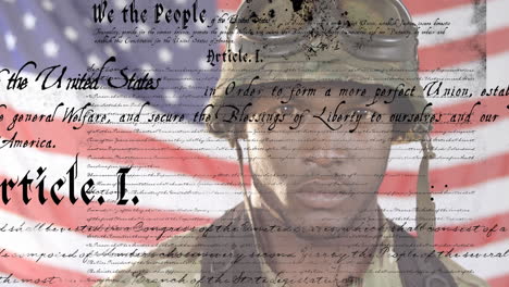 constitution text animation over soldier with american flag background