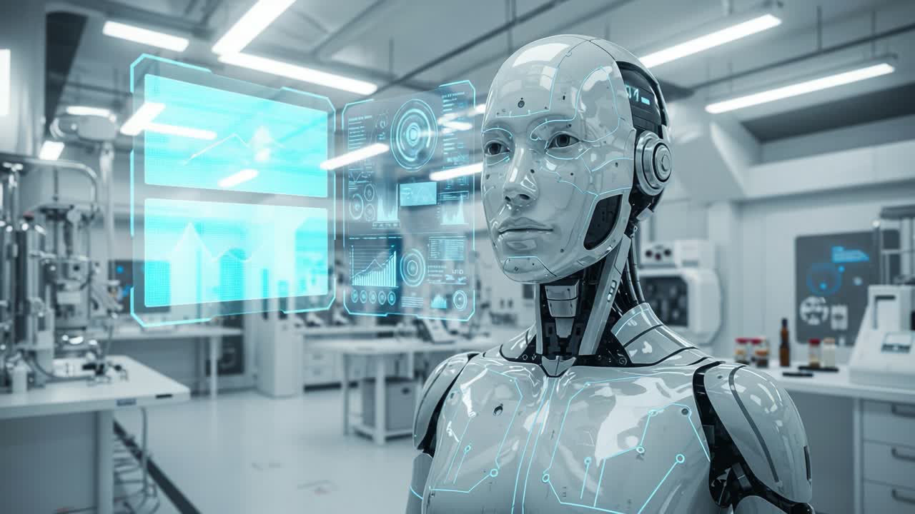 A futuristic humanoid robot stands in a high-tech laboratory, displaying advanced holographic data analysis on its transparent interface while showcasing the evolution of artificial intelligence