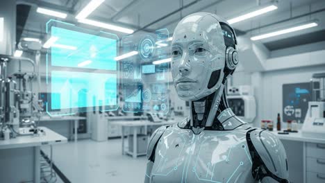 a futuristic humanoid robot stands in a high-tech laboratory, displaying advanced holographic data analysis on its transparent interface while showcasing the evolution of artificial intelligence