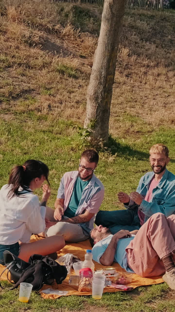 친구 들 이 공원 에서 피크닉 을 즐기고 있다