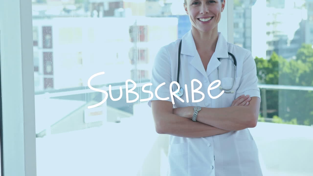Animation of subscribe text over smiling caucasian female doctor