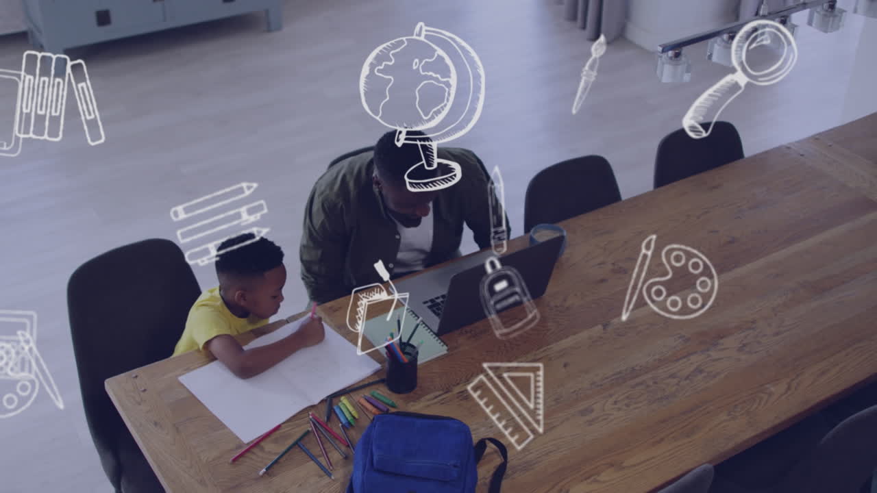 숙제를 하는 아프리카계 미국인 아버지 와 아들 위 에 있는 학교 물건 들 의 애니메이션