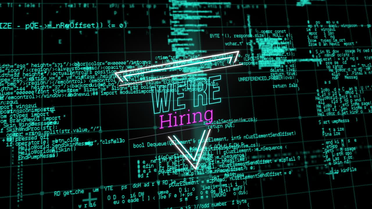 Animation of we''re hiring text over data processing