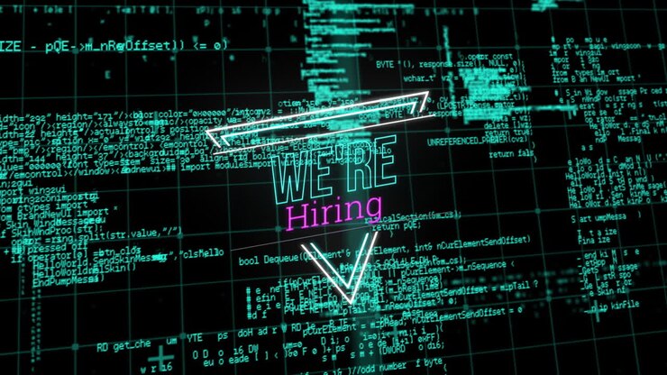 Animation of we''re hiring text over data processing