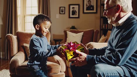 grandchild giving a gift to grandparent
