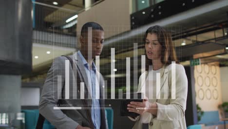 animation of graph, loading bars, diverse entrepreneurs standing and discussing on digital tablet