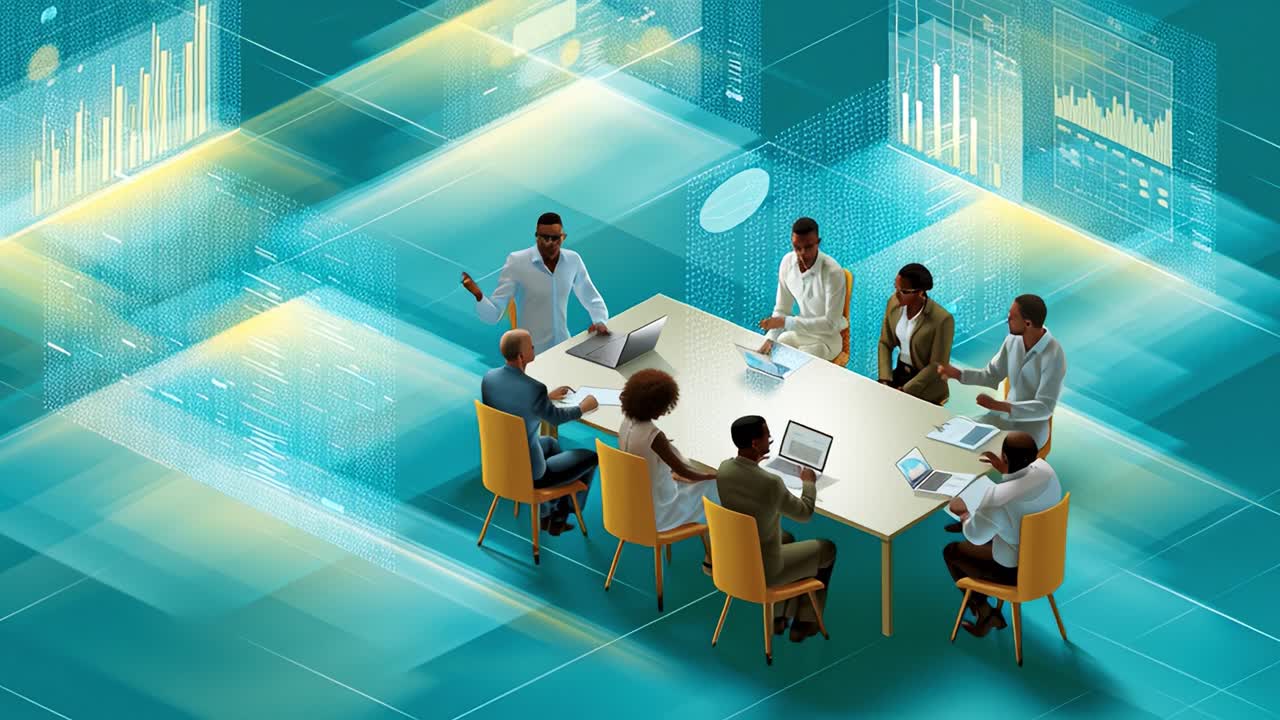 Collaboration and Innovation in Digital Strategy Meeting: Engaged Team Analyzing Data Trends to Drive Future Growth with Technology-Enhanced Visualizations