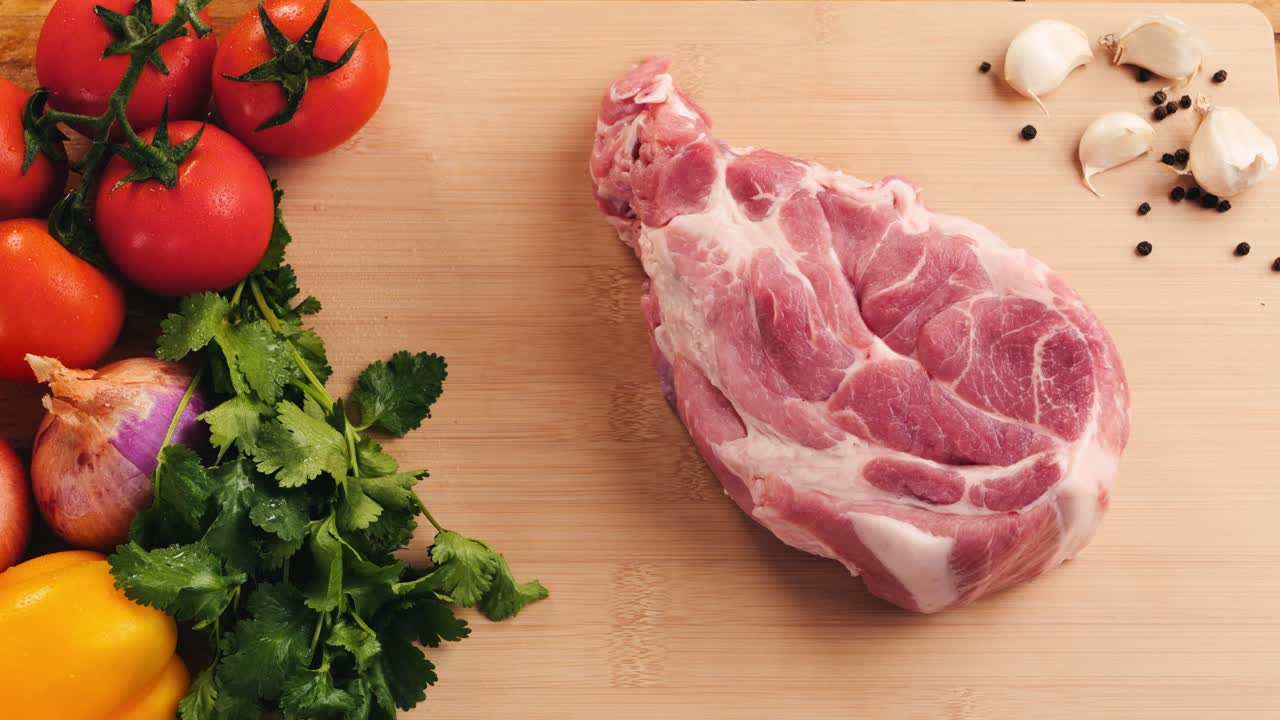 Preparing raw pork chop with vegetables
