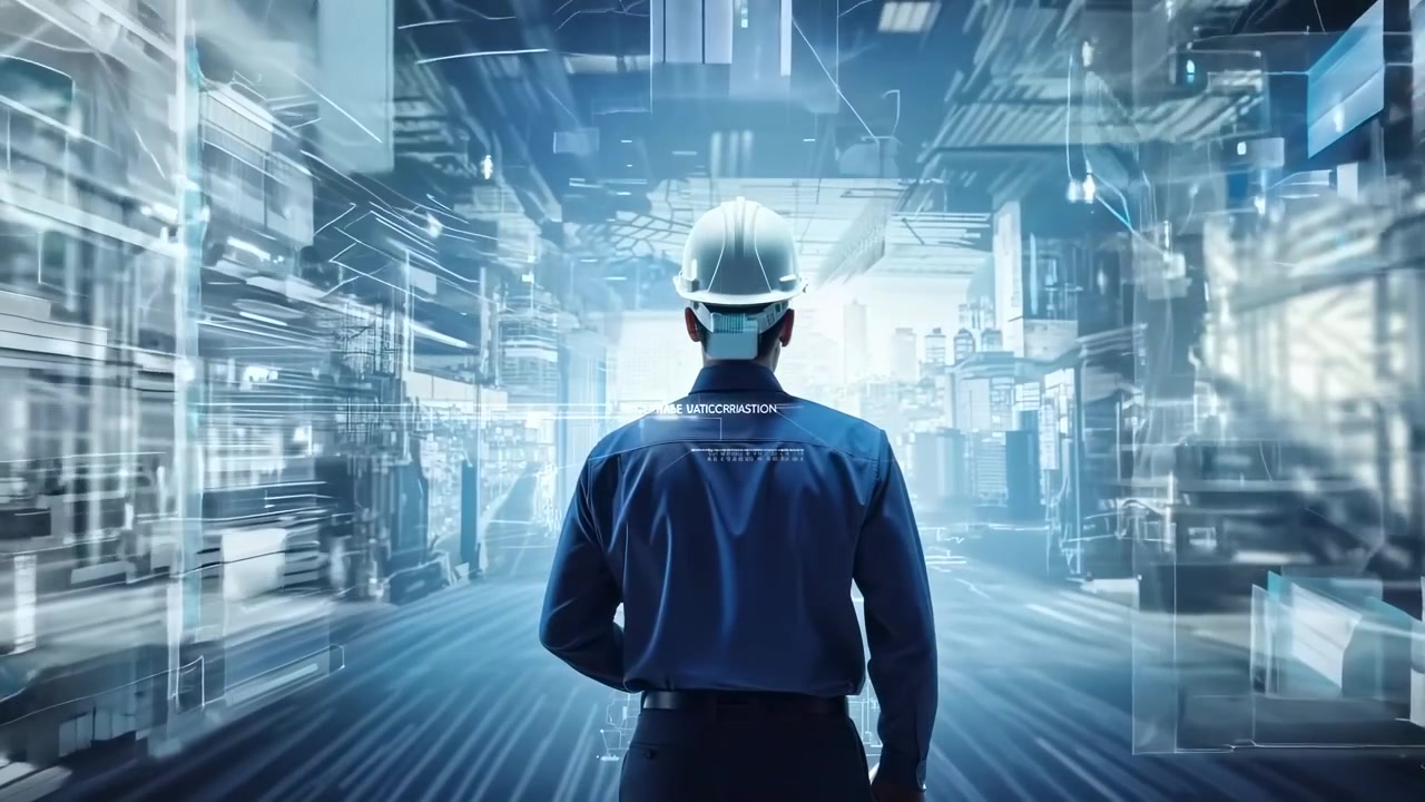Engineer in Hard Hat Observing Futuristic Digital Industrial Blueprint