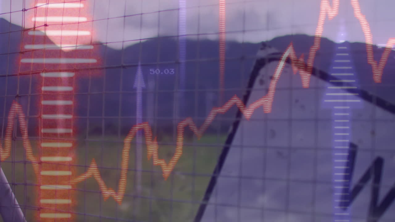 Financial line chart animating over wire mesh grid, displaying raindrops and upward arrow