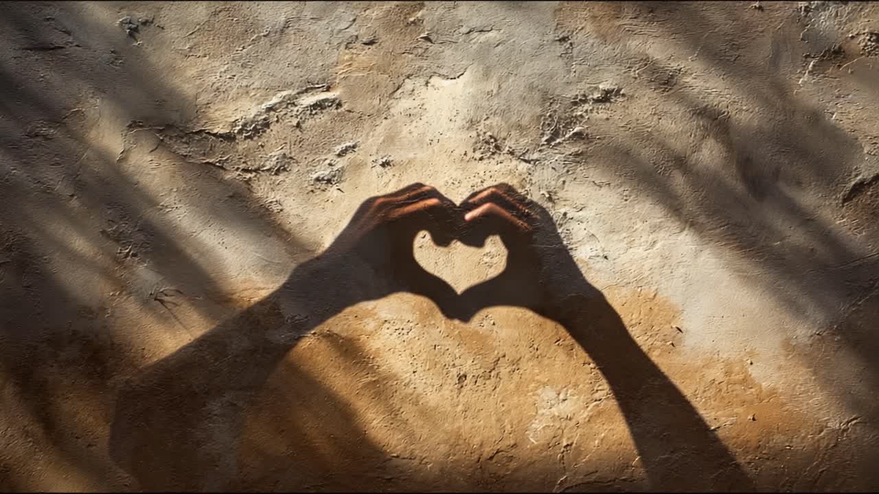 A poignant display of love and unity, captured through shadowy hands forming a heart shape against a textured wall, conveying emotion and connection