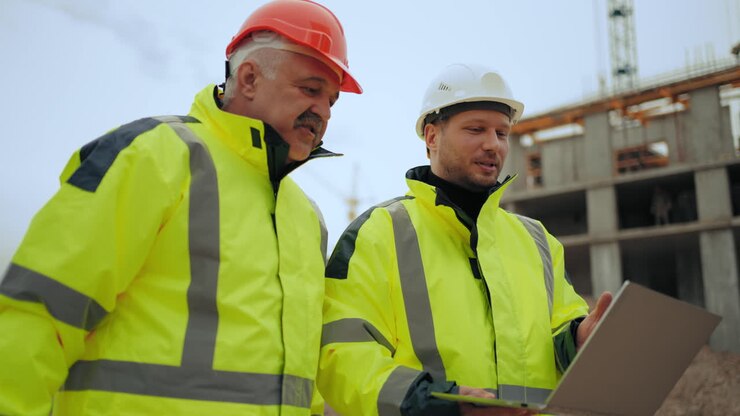 two builders or engineers in hard hats are walking on building area of modern residential complex