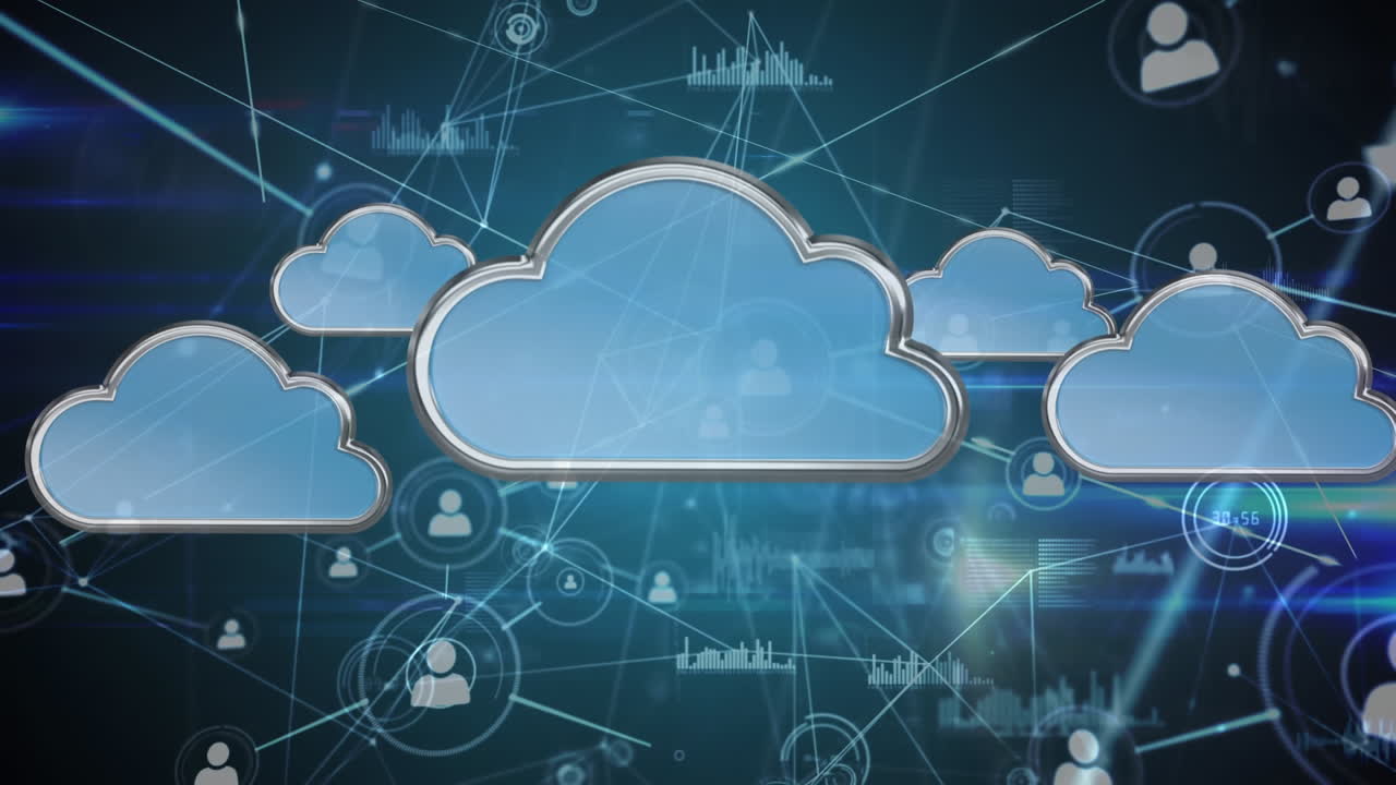 animación de nubes azules digitales sobre una red de conexiones con iconos de personas y procesamiento de datos