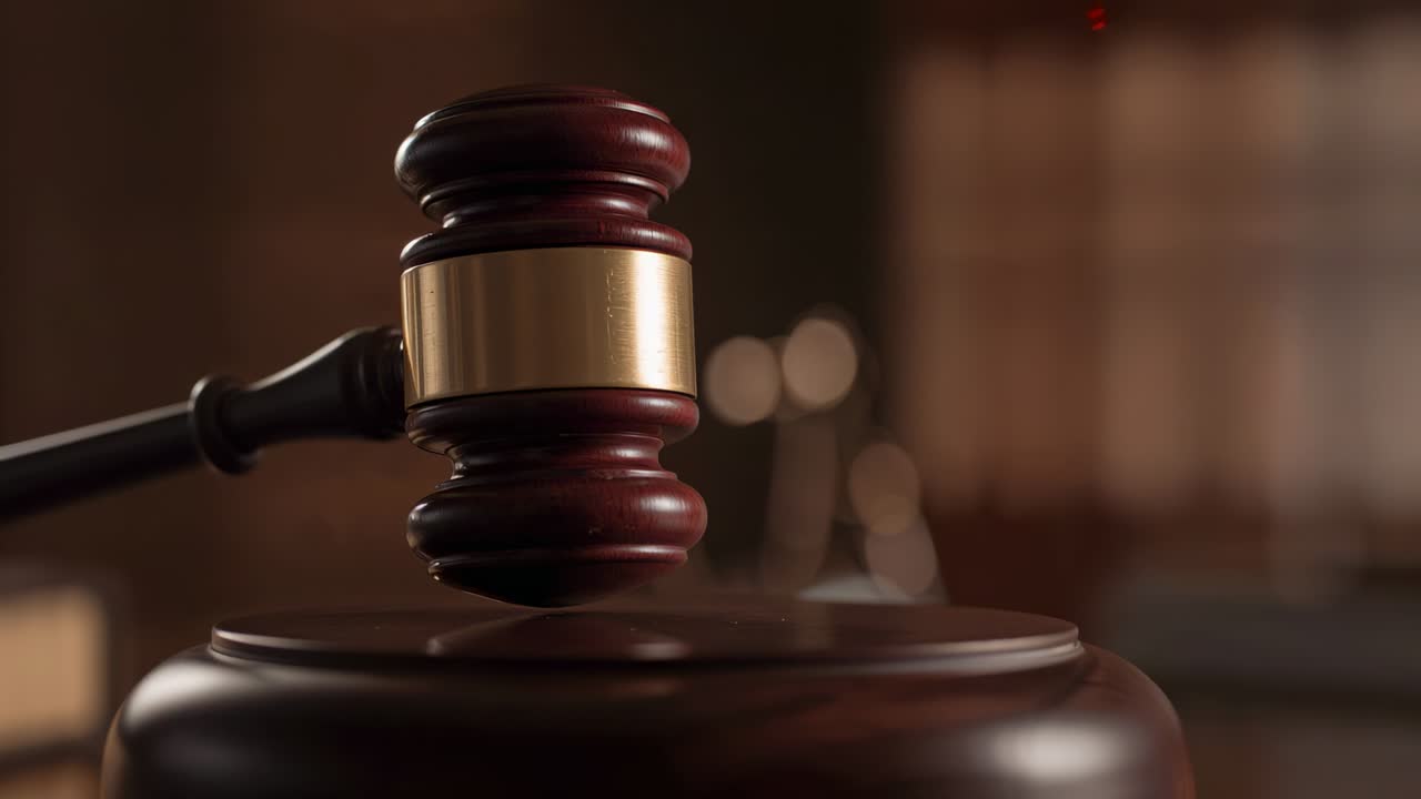 Striking wooden gavel with brass band hitting sounding block at judge's bench, signaling verdict
