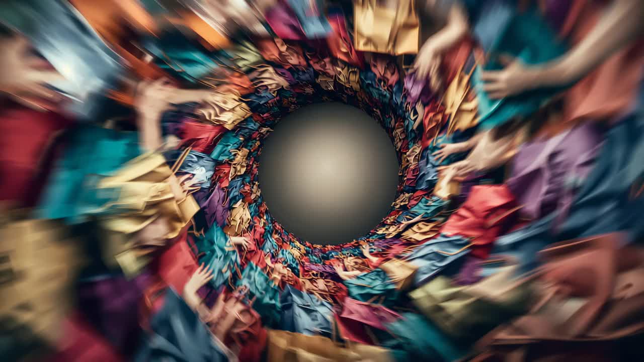 Moving camera forward, figure tunnel in bright clothes spinning and streaking toward matte gray orb