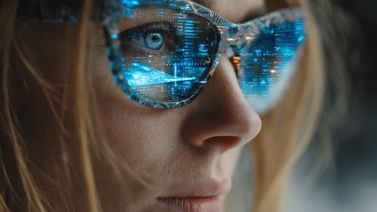 A Close-Up Look at Futuristic Smart Glasses Enhancing Vision with Advanced Technology and Digital Displays Reflecting Information and Data in the Lenses