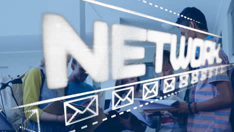 Network text animation over diverse students studying together with digital icons