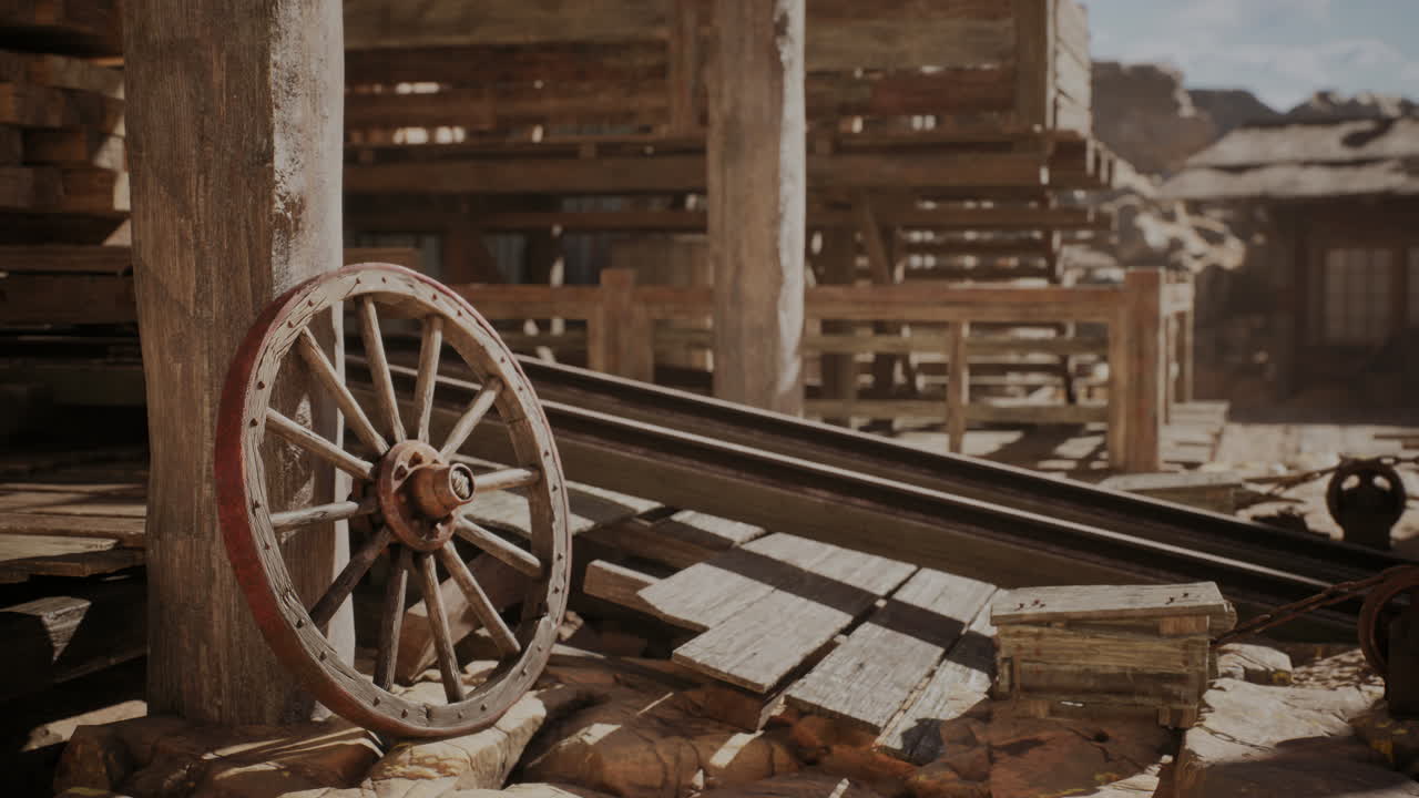 오래된 목조 마차 바가 사막의 목조 건물에 기대어 있습니다.
