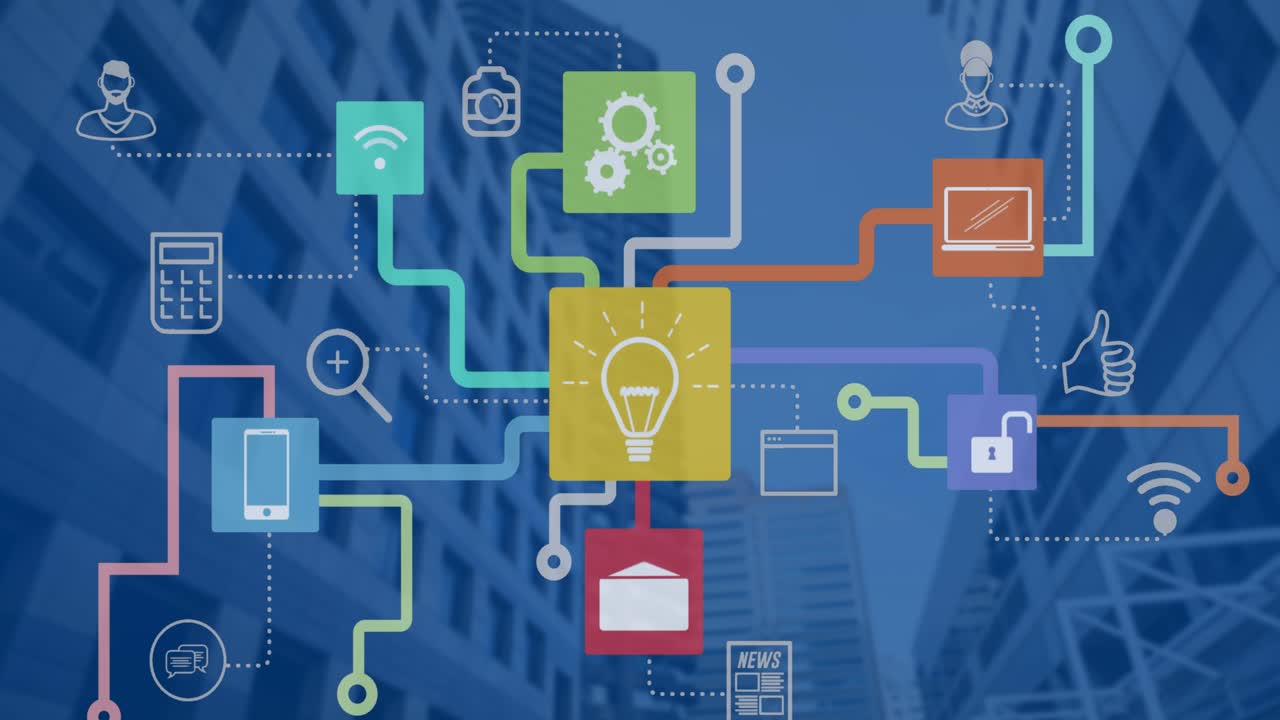 Animation of network of digital icons against low angle view of tall buildings