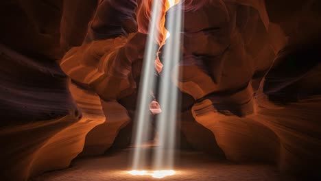 breathtaking view of light beams piercing through the narrow canyon walls, highlighting the beautiful patterns and textures of eroded rock layers in a serene environment