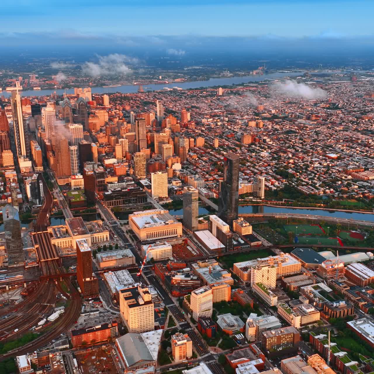Two rivers crossing the beautiful cityscape. Diverse panorama of wonderful Philadelphia, USA. Aerial perspective