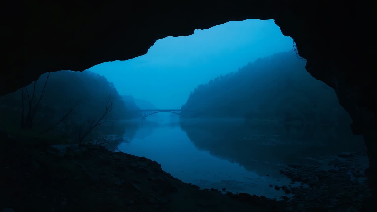 Abertura da caverna se alargando, enquadrando um vale nebuloso junto ao rio e mostrando o reflexo de uma ponte em arco.