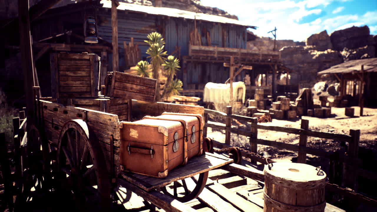 Old wooden wagon with luggage in a deserted western town under bright sky