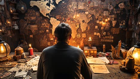 explorer working at a vintage desk with world maps and lanterns
