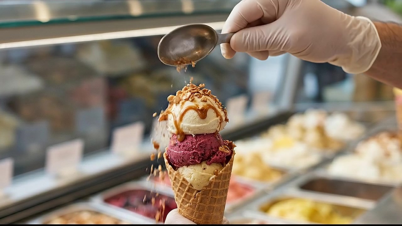 Aggiunta di salsa dolce al caramello su una coppa gelato gourmet sul bancone della gelateria