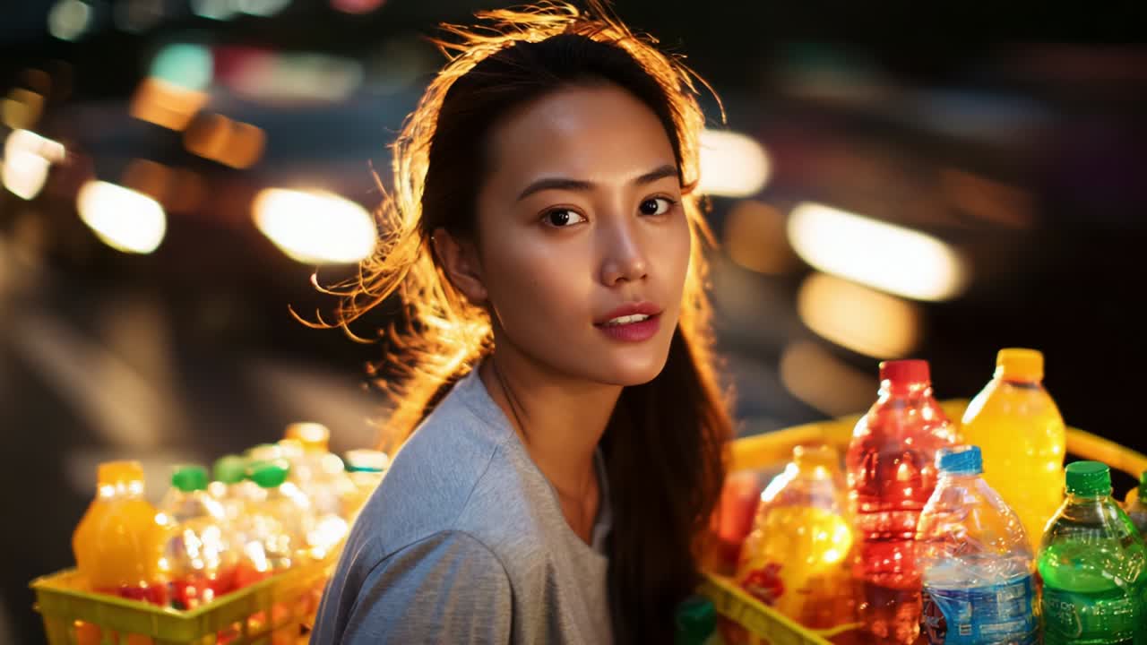 A Thoughtful Moment: Capturing the Essence of a Young Woman with Bottles in a Yellow Basket Amidst Dynamic City Lights and Fast-Paced Traffic, Reflecting on Life's Journey in a Vibrant Urban Environment