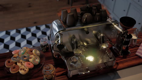 coffee machine on wooden table in modern cafe