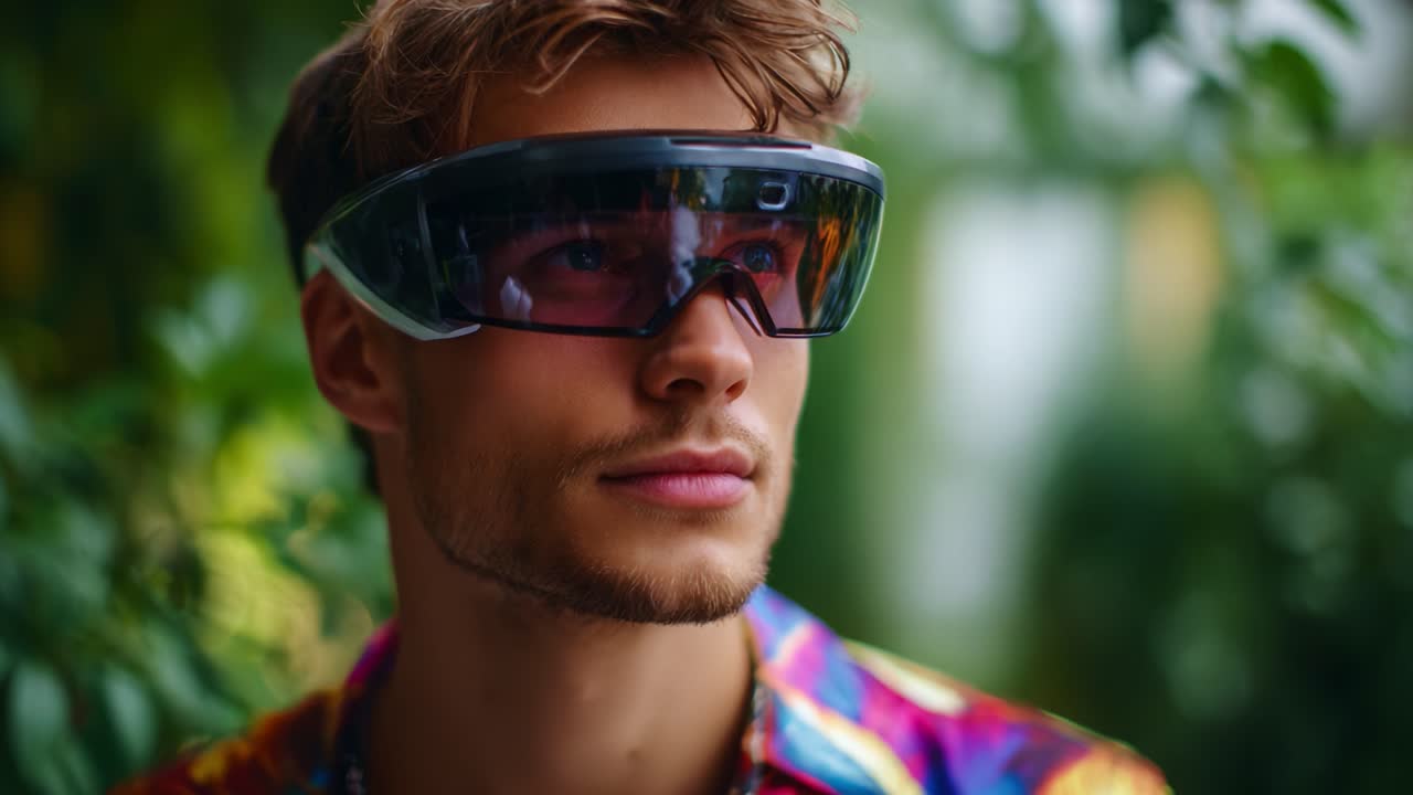 Young Man in Vibrant Shirt Wearing Futuristic Augmented Reality Glasses Surrounded by Lush Greenery, Capturing the Essence of Modern Technology and Nature