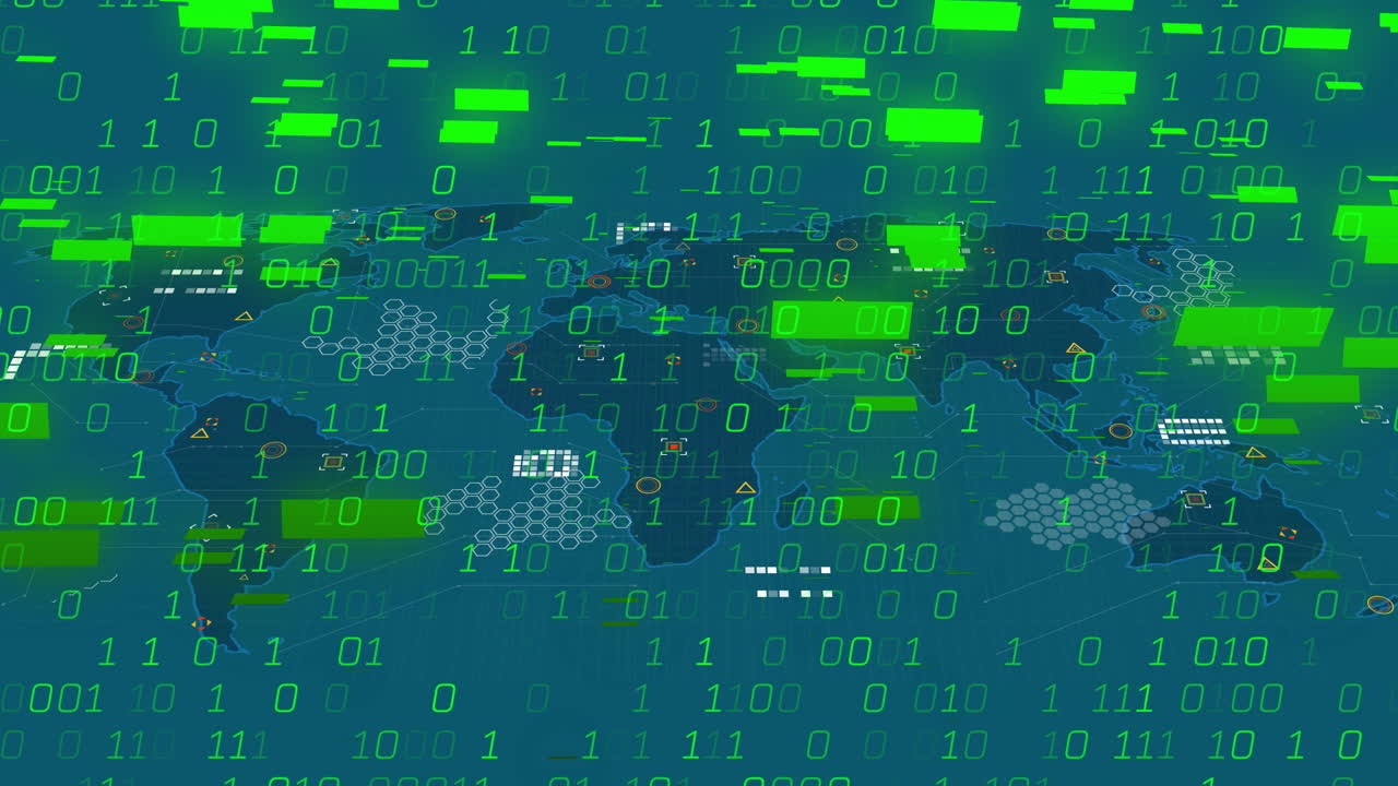 Animation of binary coding data processing over world map