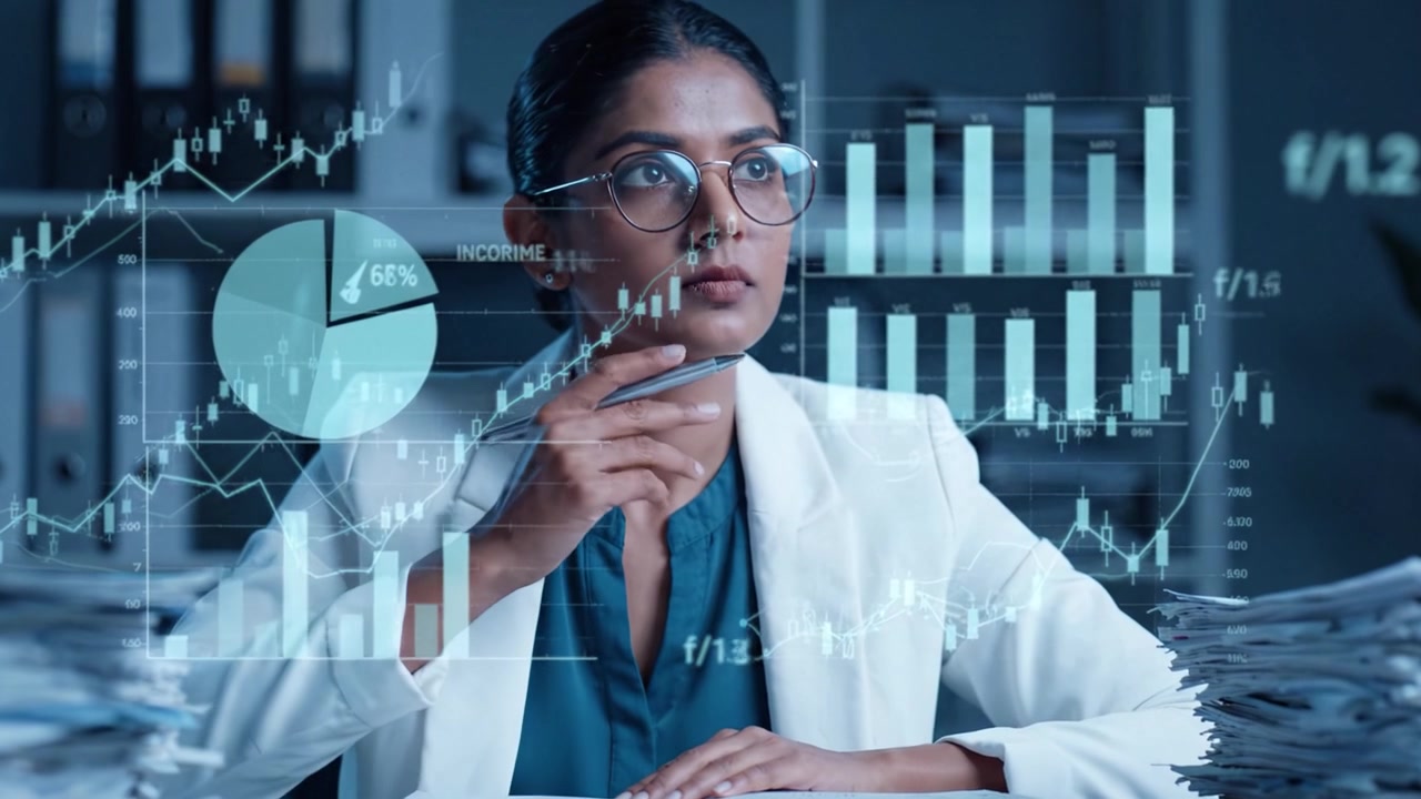 Focused Professional Analyzing Data and Financial Graphs While Documenting Insights in a Business Environment Surrounded by Stacks of Paperwork