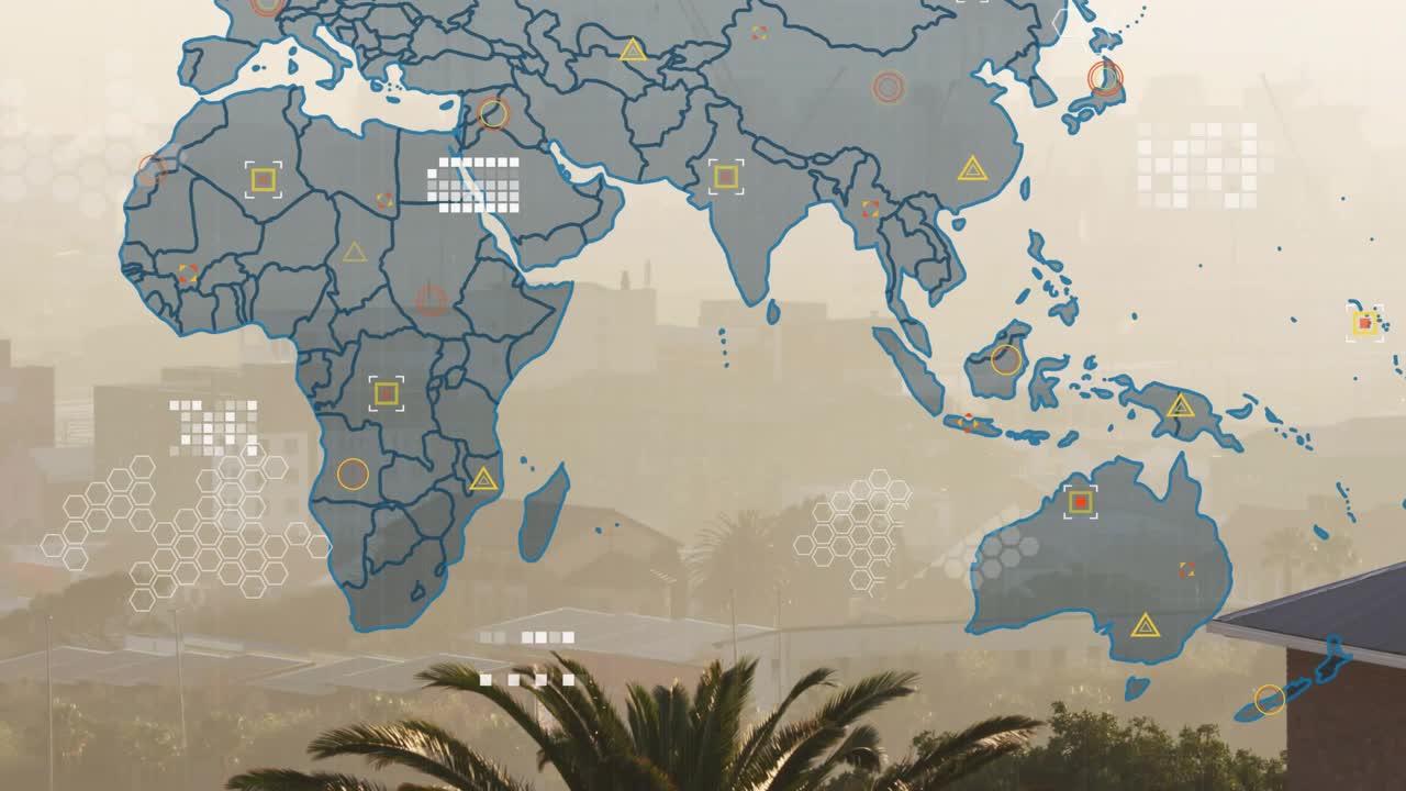 Faint blue outline appearing left, map expanding adding grids markers showing world data over city