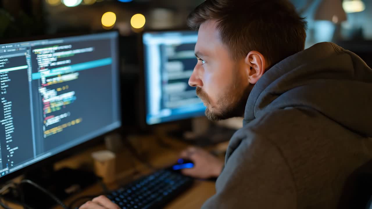 Programmer working late night on computer screen