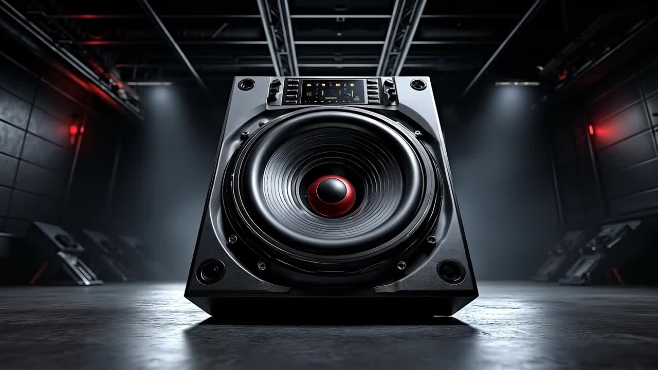 A black speaker sitting on top of a table in a dark room