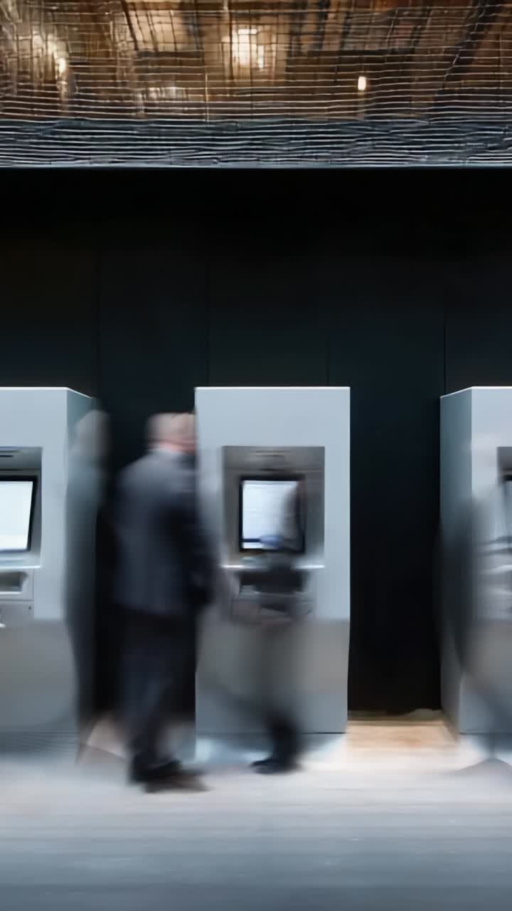 A Modern Banking Environment Showcasing Interactive ATMs with Users Engaged in Transactions in a Sleek and Minimalist Interior Setting