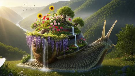a majestic snail carrying a lush garden on its shell, surrounded by beautiful mountains and glowing sunlight in a serene natural landscape