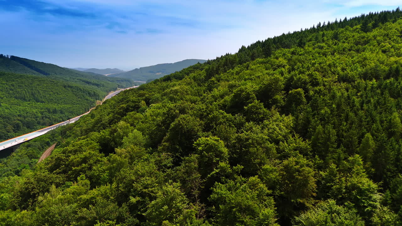 Winding road through green forest. Dense green forest stretches across rolling hills under a clear blue sky, with a winding road visible through the trees