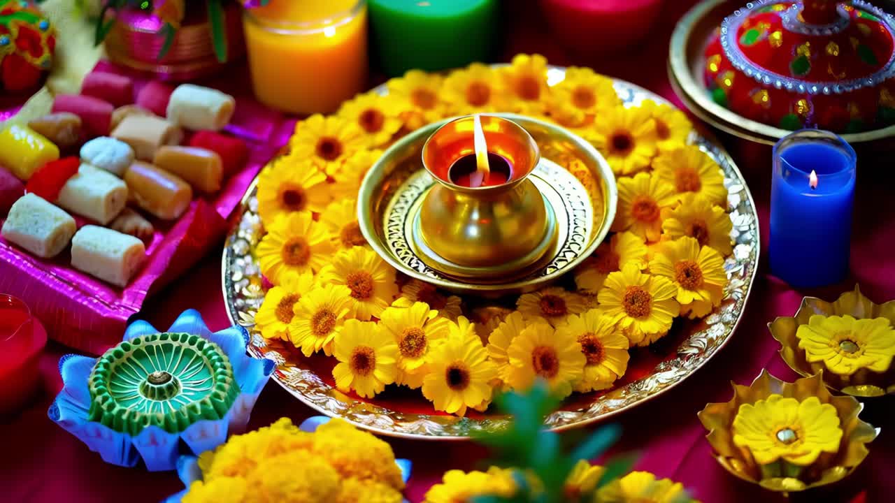 Indian Festival Decorations with Candles and Sweets
