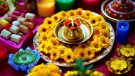 decoraciones de festivales indias con velas y dulces