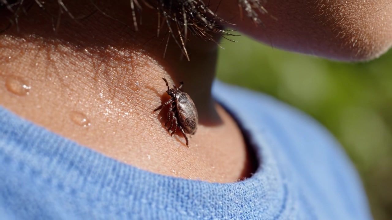 Nærbilleder af en flåt på en menneskehals, der fremhæver vigtigheden af bevidsthed og forebyggelse mod flåtbårne sygdomme ved udendørs aktiviteter.