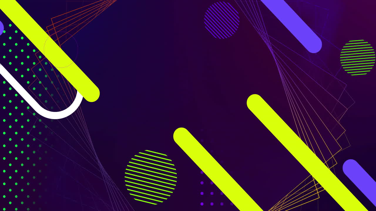 Animation of yellow and purple lines and shapes moving over 3d network structure on dark background