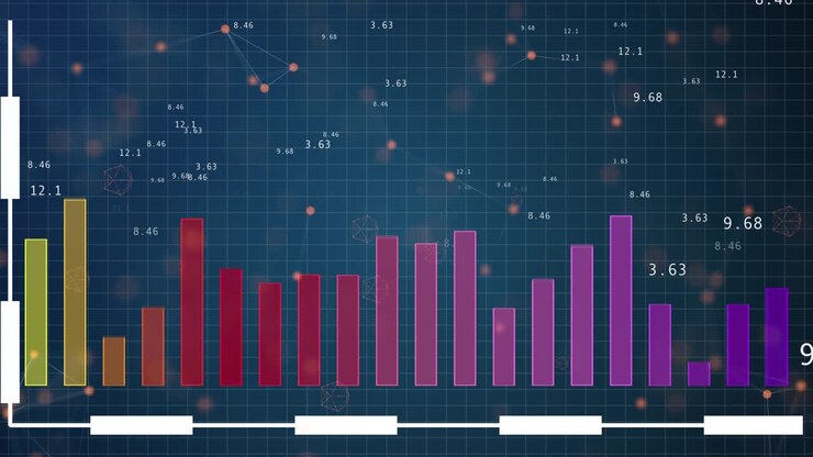 HUD graph with rising up nd falling down candle bars diagram over digital blue background.
