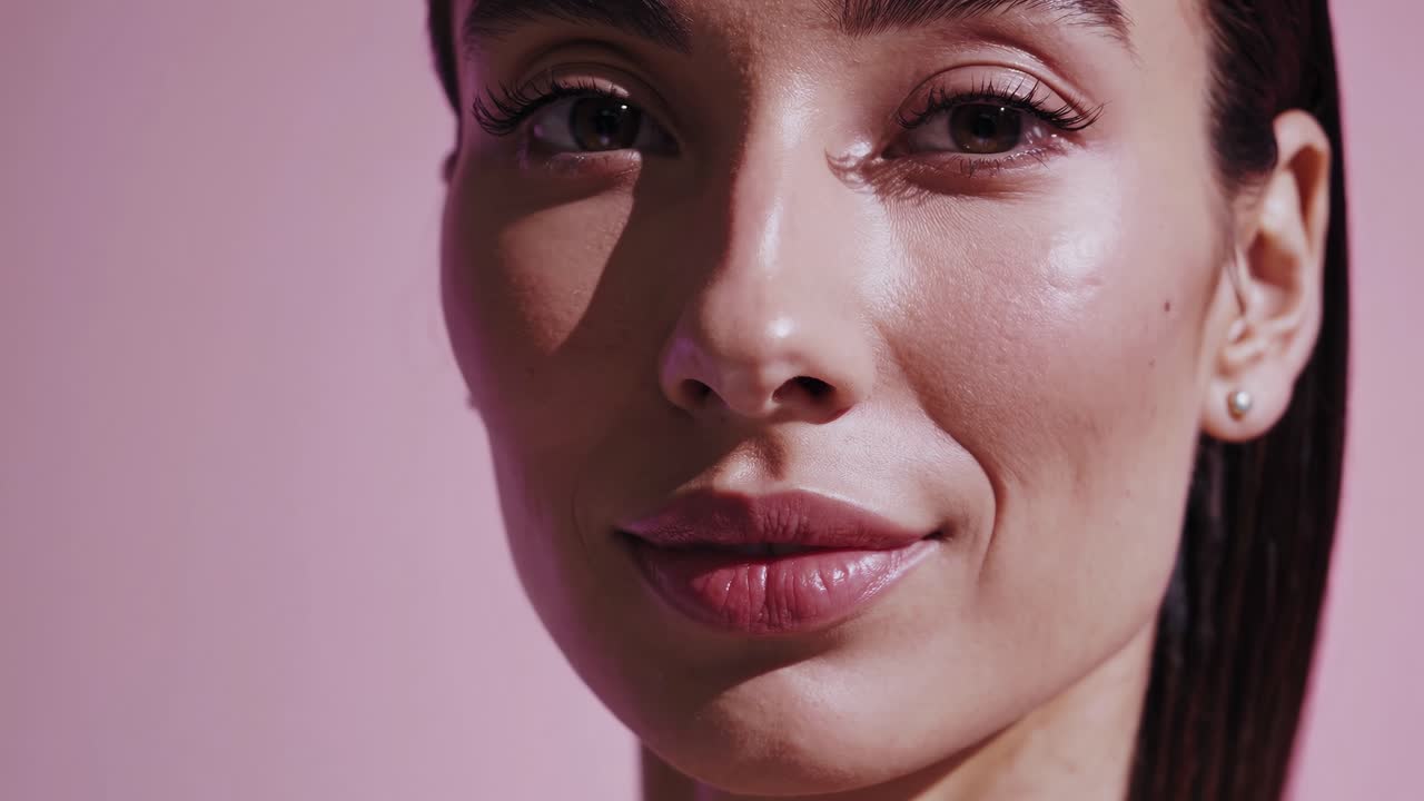 Close-up video of a woman's face against a pink background, showcasing natural beauty with a soft