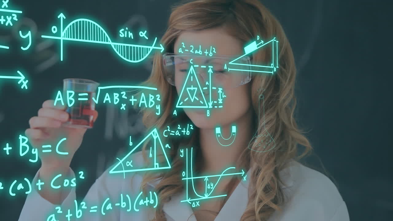 анимация обработки научных данных над кавказской женщиной-ученым в лаборатории