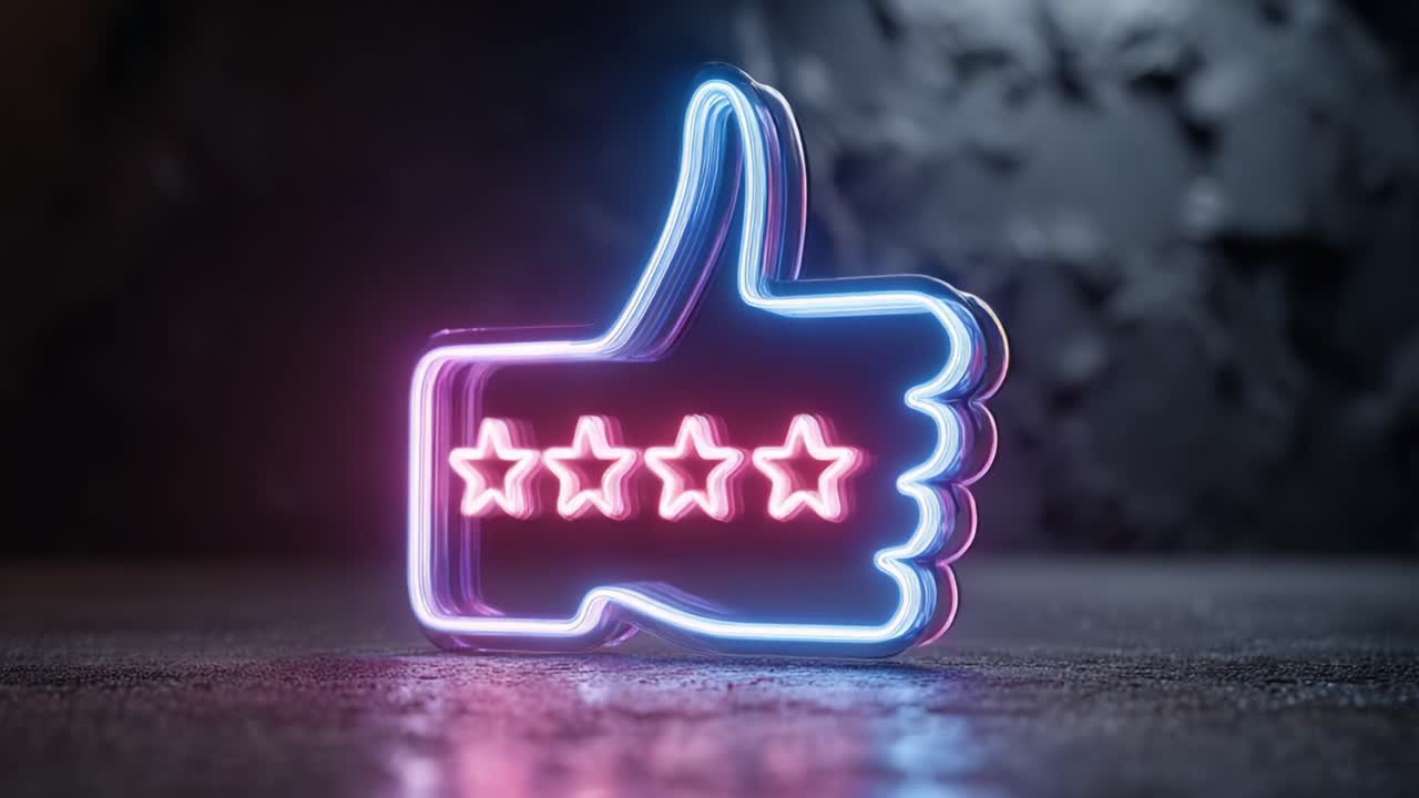 A Vibrant Neon Representation of a Thumbs-Up Symbol with Five Stars, Emphasizing Approval and Positive Feedback in a Modern, Digital Context