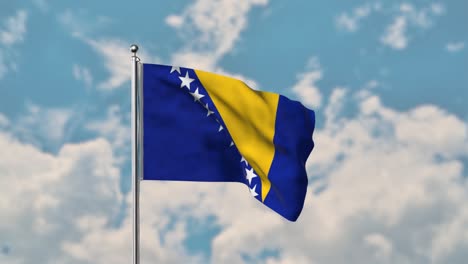 Bandera-De-Bosnia-Y-Herzegovina-Ondeando-En-El-Cielo-Azul-Video-Realista-4k